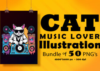 Cat Wearing Headphones Illustration for POD Clipart Design is Also perfect for any project: Art prints, t-shirts, logo, packaging, stationery, merchandise, website, book cover, invitations, and more