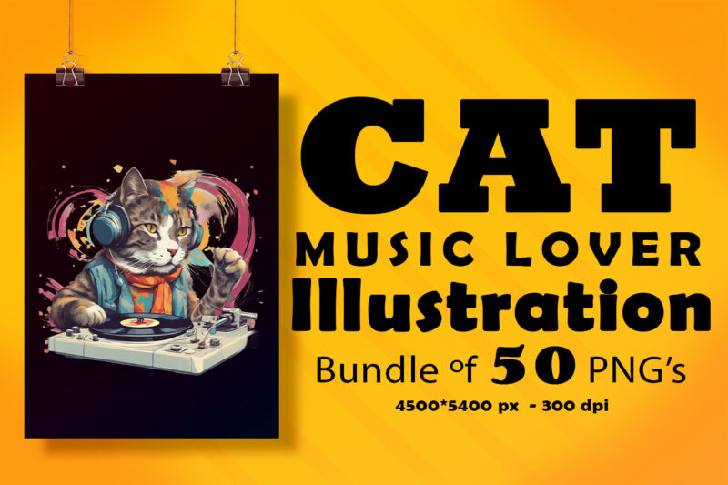 Cat Wearing Headphones Illustration for POD Clipart Design is Also perfect for any project: Art prints, t-shirts, logo, packaging, stationery, merchandise, website, book cover, invitations, and more.