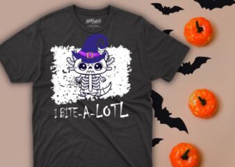 I bite A Lotl Axolotl Halloween funny skeleton T-shirt design vector, cute axolotls, Axolotl Halloween, funny skeleton, scary axolotl halloween design, axolotl halloween, Witch hat