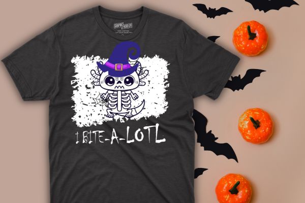 I bite a lotl axolotl halloween funny skeleton t-shirt design vector, cute axolotls, axolotl halloween, funny skeleton, scary axolotl halloween design, axolotl halloween, witch hat