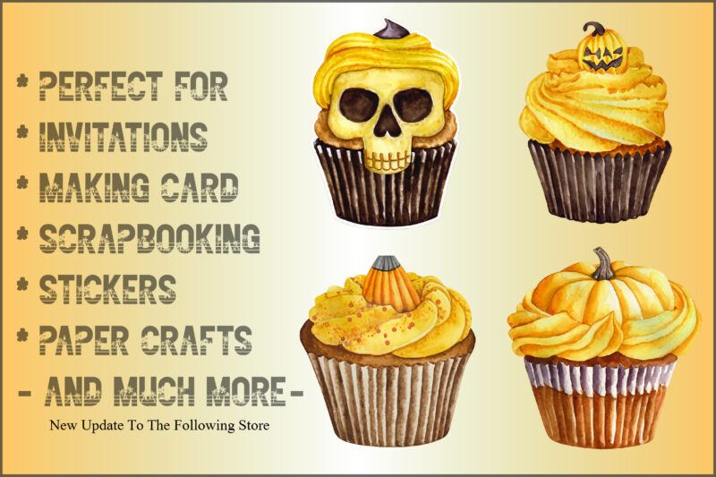 Watercolor Yellow Cupcake and Halloween Clipart