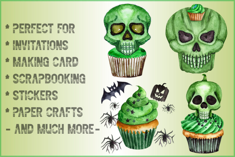 Watercolor Green Cupcake and Halloween Clipart