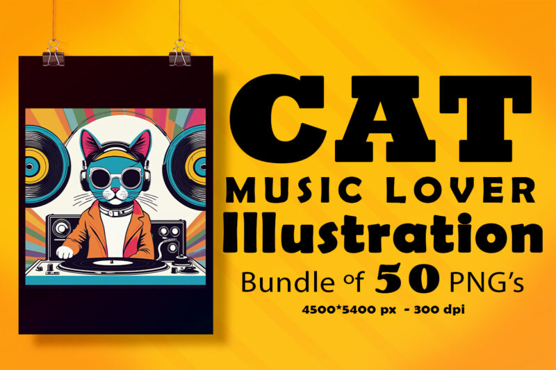 Cat Wearing Headphones Illustration for POD Clipart Design is Also perfect for any project: Art prints, t-shirts, logo, packaging, stationery, merchandise, website, book cover, invitations, and more