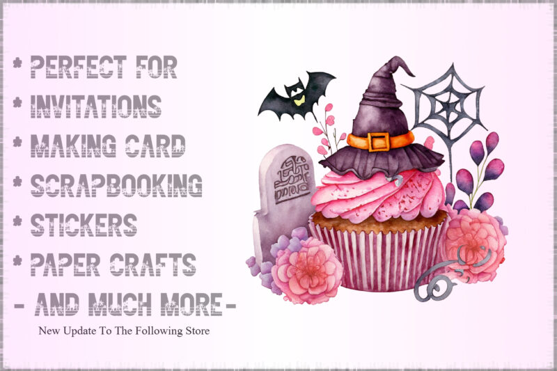 Watercolor Pink Cupcake and Halloween Clipart