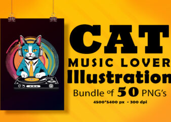 This Cat Wearing Headphones Illustration for POD Clipart Design is Also perfect for any project: Art prints, t-shirts, logo, packaging, stationery, merchandise, website, book cover, invitations, and more