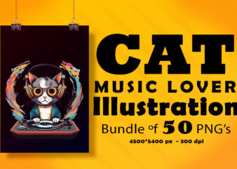 Cat Wearing Headphones Illustration for POD Clipart Design is Also perfect for any project: Art prints, t-shirts, logo, packaging, stationery, merchandise, website, book cover, invitations, and more.