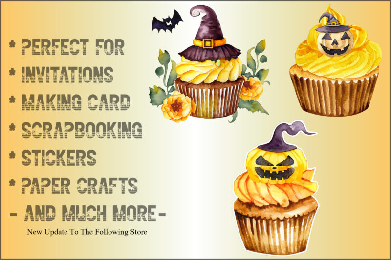 Watercolor Yellow Cupcake and Halloween Clipart
