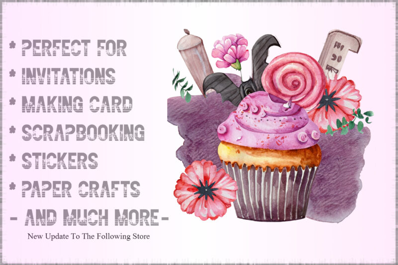 Watercolor Pink Cupcake and Halloween Clipart