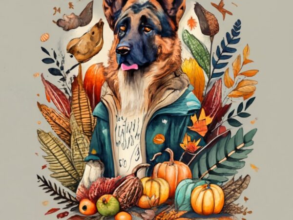 A t-shirt design with a white background text saying ”german shepherd” this design featuring thanksgiving icons png file