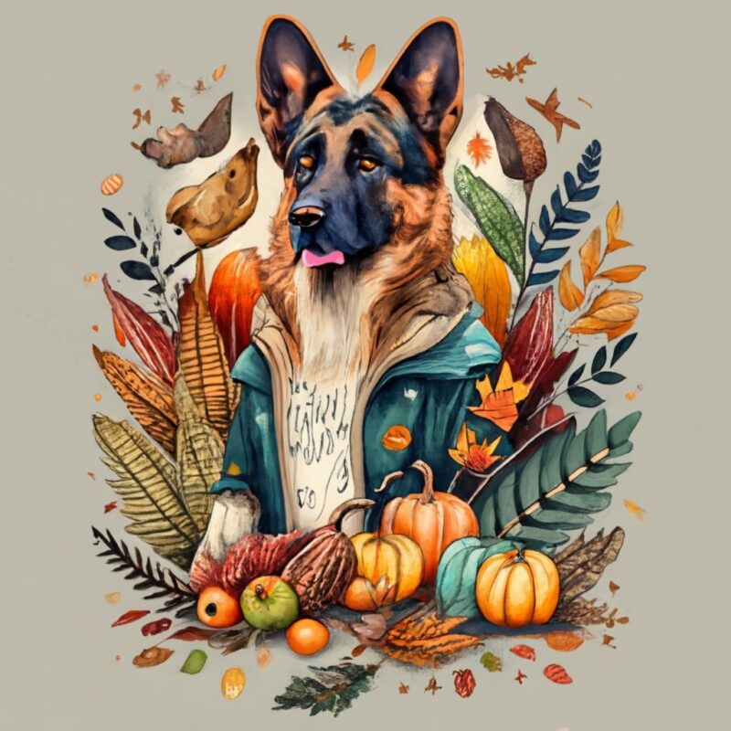 A T-shirt design with a white background text saying ”German Shepherd” This design featuring Thanksgiving icons PNG File