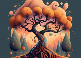 A autumn tree small landscape , limit space,magic, t-shirt design, vibrant pale orange colors , dark background, dark magic splash, dark, gh