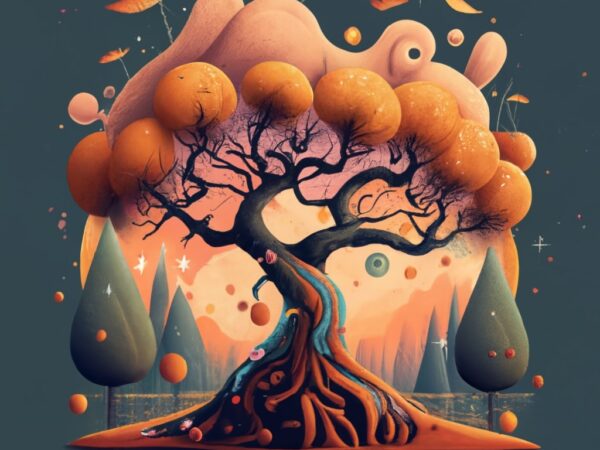 A autumn tree small landscape , limit space,magic, t-shirt design, vibrant pale orange colors , dark background, dark magic splash, dark, gh