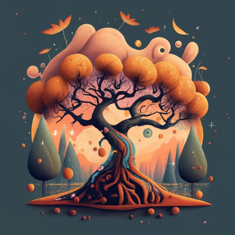 A autumn tree small landscape , limit space,magic, t-shirt design, vibrant pale orange colors , dark background, dark magic splash, dark, gh