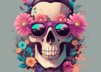 a Dead Skull wearing trendy sunglasses, t-shirt design, flowers splash, t-shirt design, in the style of Studio Ghibli PNG File