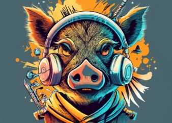 A face evil ninja boar with headphone and piercing noise,magic, t-shirt design, yellow color , dark magic splash, dark, ghotic, t-shirt desi