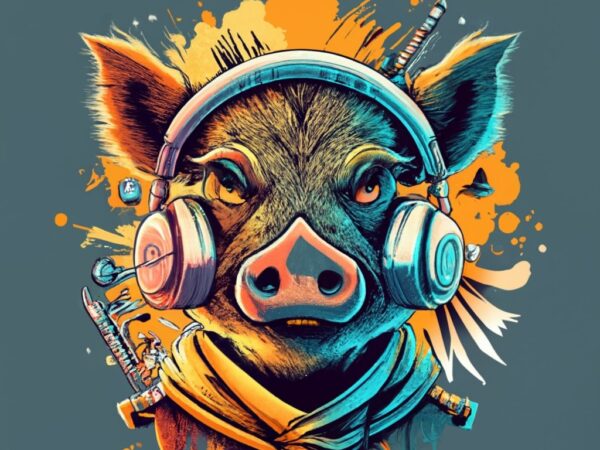 A face evil ninja boar with headphone and piercing noise,magic, t-shirt design, yellow color , dark magic splash, dark, ghotic, t-shirt desi