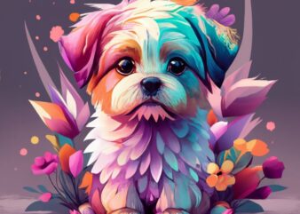 A colorful cute puppy, fantasy flowers splash, modern t-shirt design, in the style of Studio Ghibli, light white purple and pink pastel tetr