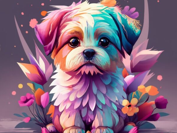 A colorful cute puppy, fantasy flowers splash, modern t-shirt design, in the style of studio ghibli, light white purple and pink pastel tetr
