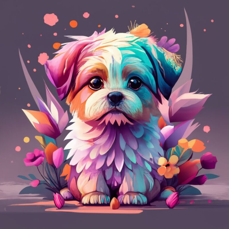 A colorful cute puppy, fantasy flowers splash, modern t-shirt design ...