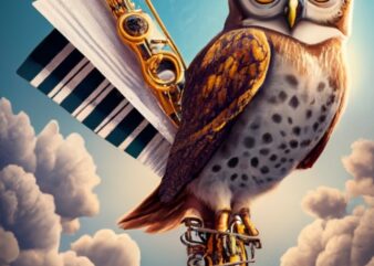 A friendly owl standing on a clarinet, holding music sheets on one of his wings. Design for t-shirts PNG File