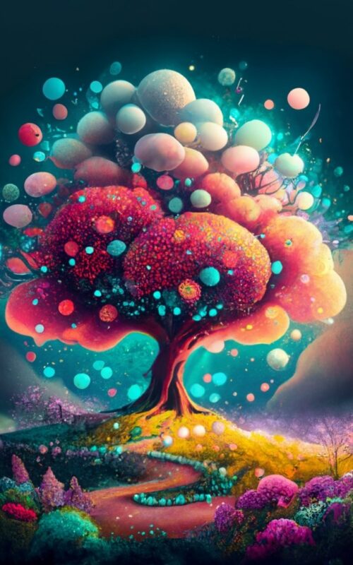 A small spring tree landscape, boundary space, magic, t-shirt design, vibrant pale white colors, dark background, dark magic splash, dark, g