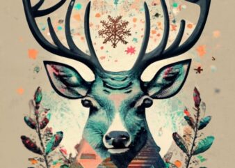 A t-shirt design with a white background saying ” Oh Deer Merry Christmas” in soft christmas colors, a male deer with the graceful forms , t