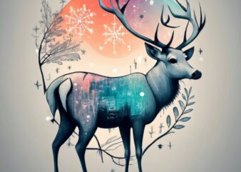 A t-shirt design with a white background saying ” Oh Deer Merry Christmas” in soft christmas colors, a male deer with the graceful forms , t