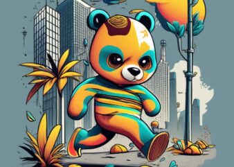 A t.shirt design of a cute yellow, black and green panda running crossing through black, grey and white city and jungle, comic style design,