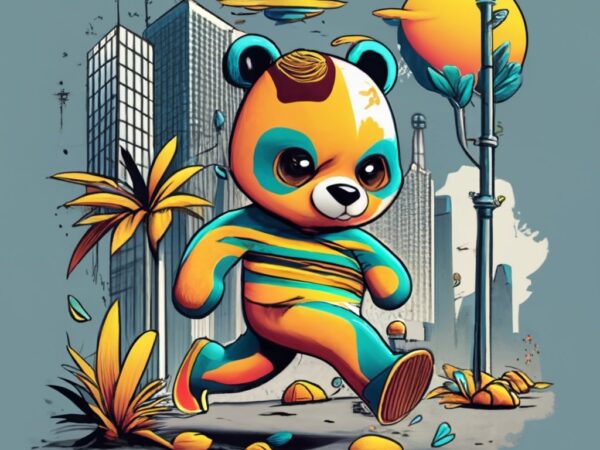 A t.shirt design of a cute yellow, black and green panda running crossing through black, grey and white city and jungle, comic style design,