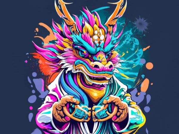 T-shirt logo design of oriental dragon mixed loin dance with text “gong xi fa cai” png file