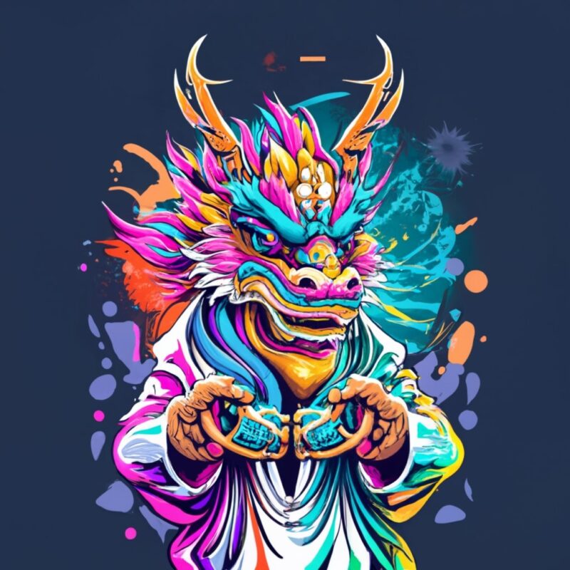 t-shirt logo design of oriental dragon mixed loin dance with text “GONG XI FA CAI” PNG File