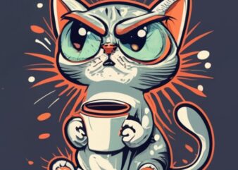 A t-shirt logo design. A cute but very angry cat drinking coffee, with the words “I Had My Patience Tested. I’m Negative.” Script typography