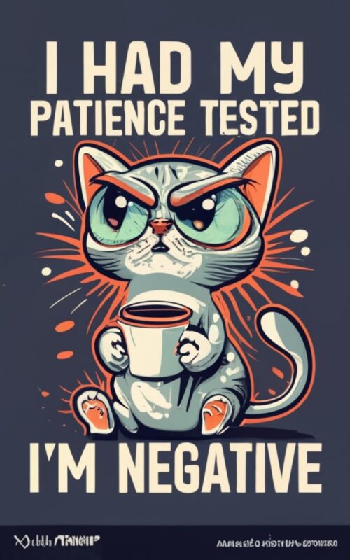 A t-shirt logo design. A cute but very angry cat drinking coffee, with the words “I Had My Patience Tested. I’m Negative.” Script typography