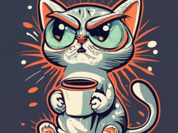 A t-shirt logo design. a cute but very angry cat drinking coffee, with the words “i had my patience tested. i’m negative.” script typography