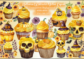 Watercolor Yellow Cupcake and Halloween Clipart t shirt design for sale