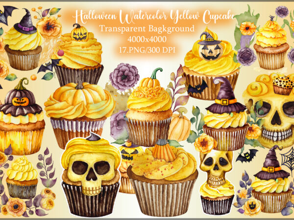 Watercolor yellow cupcake and halloween clipart t shirt design for sale