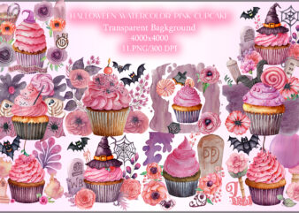 Watercolor Pink Cupcake and Halloween Clipart t shirt design for sale