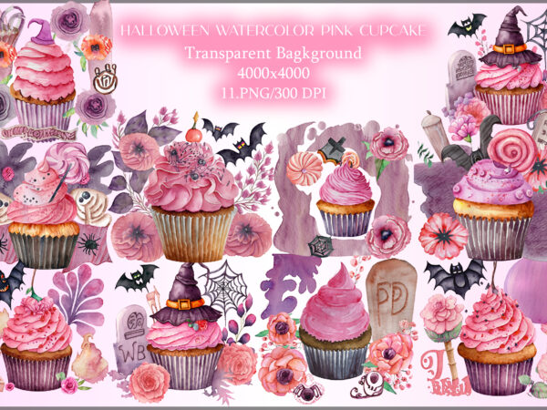 Watercolor pink cupcake and halloween clipart t shirt design for sale