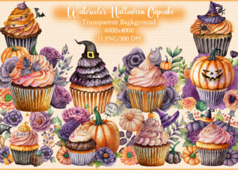 Watercolor Halloween Cupcake and Clipart