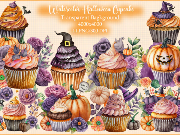 Watercolor halloween cupcake and clipart t shirt design for sale