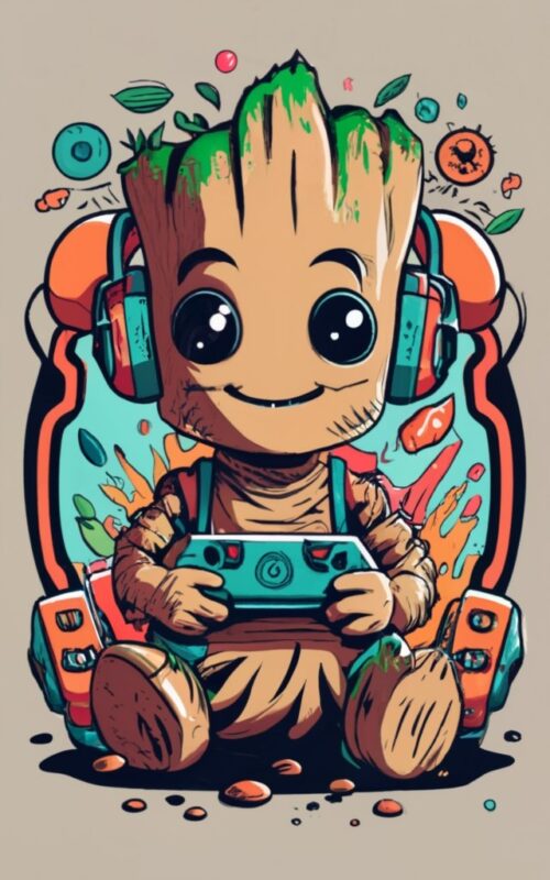 Baby Groot gamer 2D flat on a t-shirt design with a white background PNG File