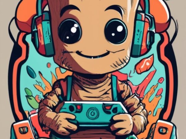 Baby groot gamer 2d flat on a t-shirt design with a white background png file