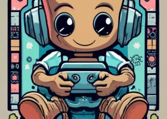Baby Groot gamer on a t-shirt design with a white background PNG File