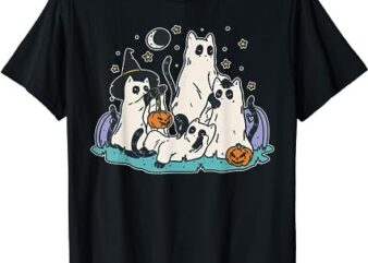 Black Cats in Ghost Costume – Cute Women and Men Halloween T-Shirt PNG File