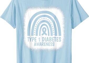 Bleached Type 1 Diabetes Awareness Month Rainbow Blue Ribbon T-Shirt