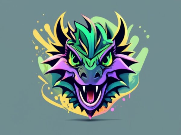 Blue purple and green colorful logo, a dragon head, front facing, magic, sharp, monochrome colorful, black magic splash, t-shirt design, in