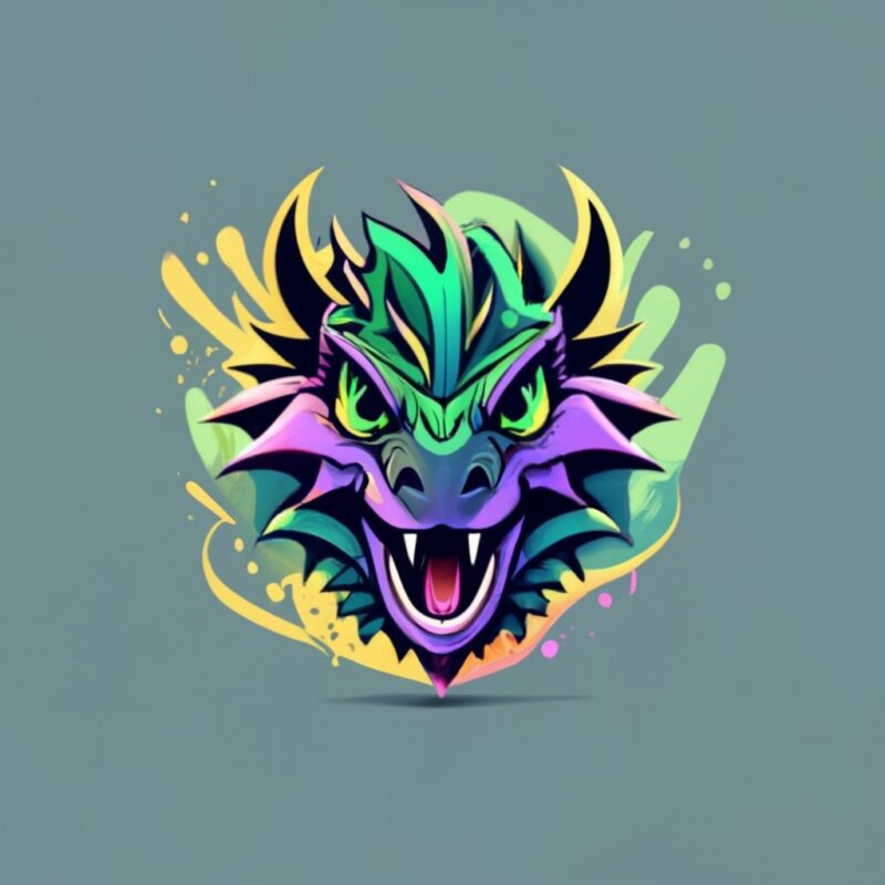 Blue Purple and Green Colorful Logo, a Dragon Head, Front Facing, Magic, Sharp, Monochrome Colorful, Black Magic Splash, T-Shirt Design, in