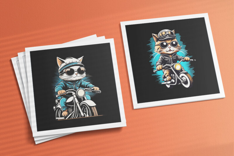 Cat Biker Illustration for POD Clipart Design is Also perfect for any project: Art prints, t-shirts, logo, packaging, stationery, merchandise, website, book cover, invitations, and more