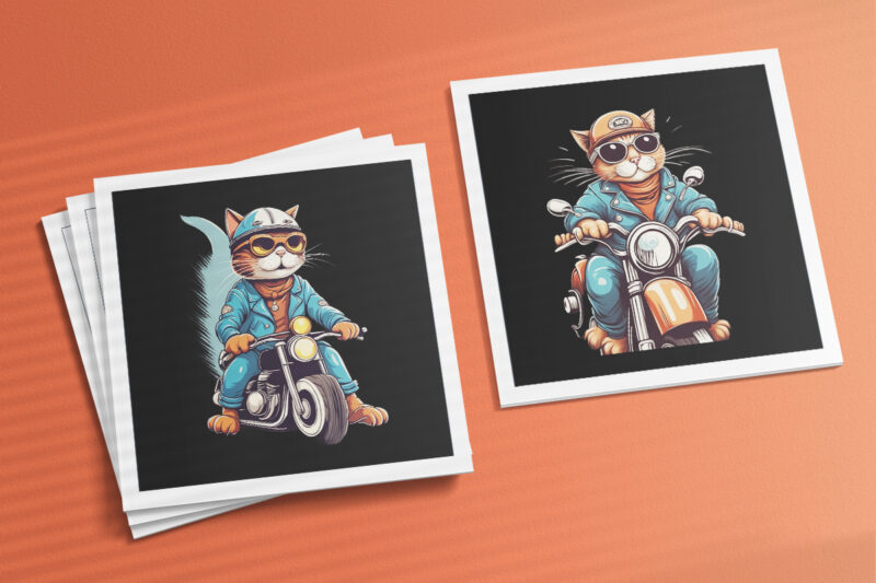 Cat Biker Illustration for POD Clipart Design is Also perfect for any project: Art prints, t-shirts, logo, packaging, stationery, merchandise, website, book cover, invitations, and more