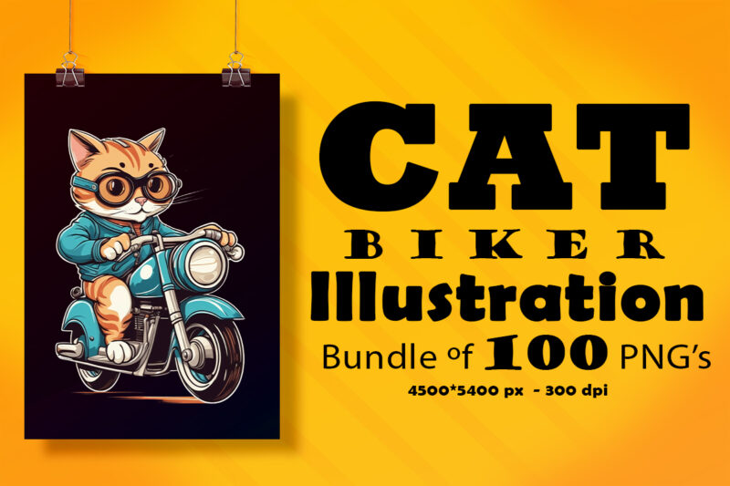 Cat Biker Illustration for POD Clipart Design is Also perfect for any project: Art prints, t-shirts, logo, packaging, stationery, merchandise, website, book cover, invitations, and more